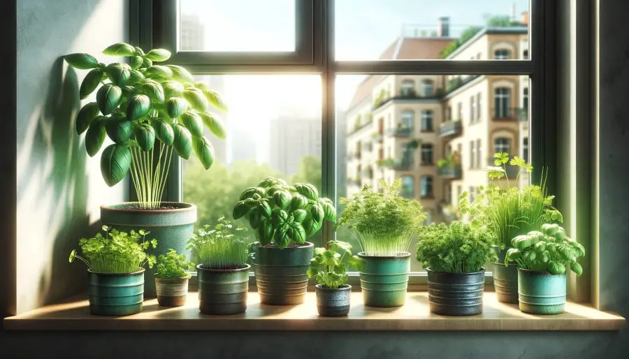 A windowsill herb garden