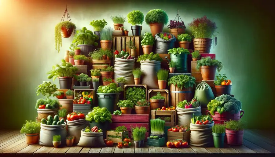 vegetables growing in various types of containers
