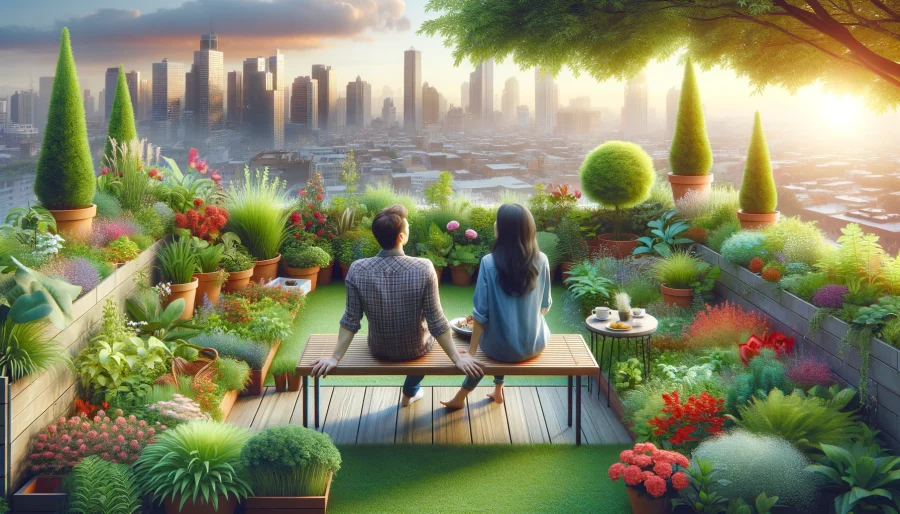 A couple relaxing and enjoying a rooftop garden