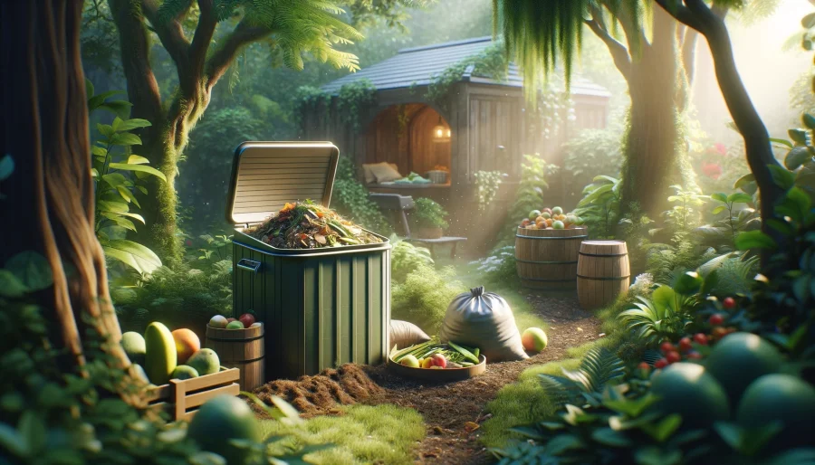 A compost bin sits in a lush garden