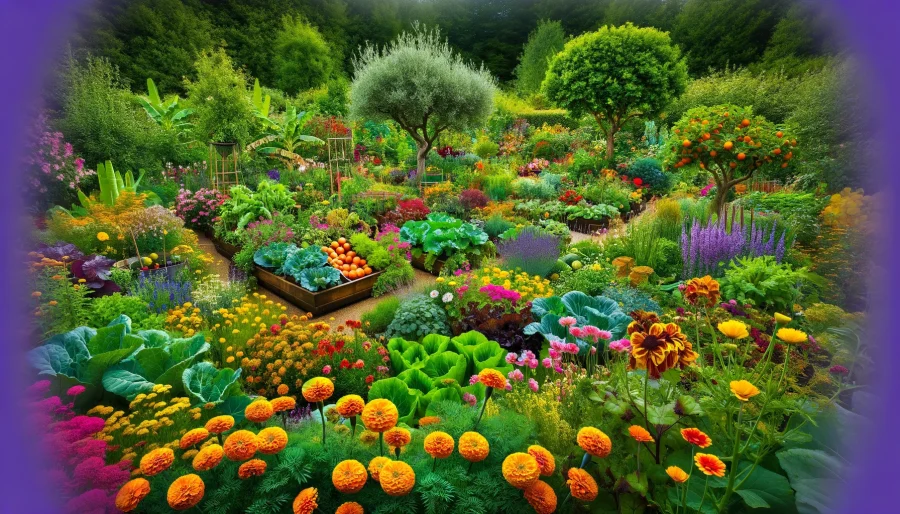  A vibrant and lush edible permaculture garden, featuring a diverse mix of flowers, vegetables, and fruit trees.