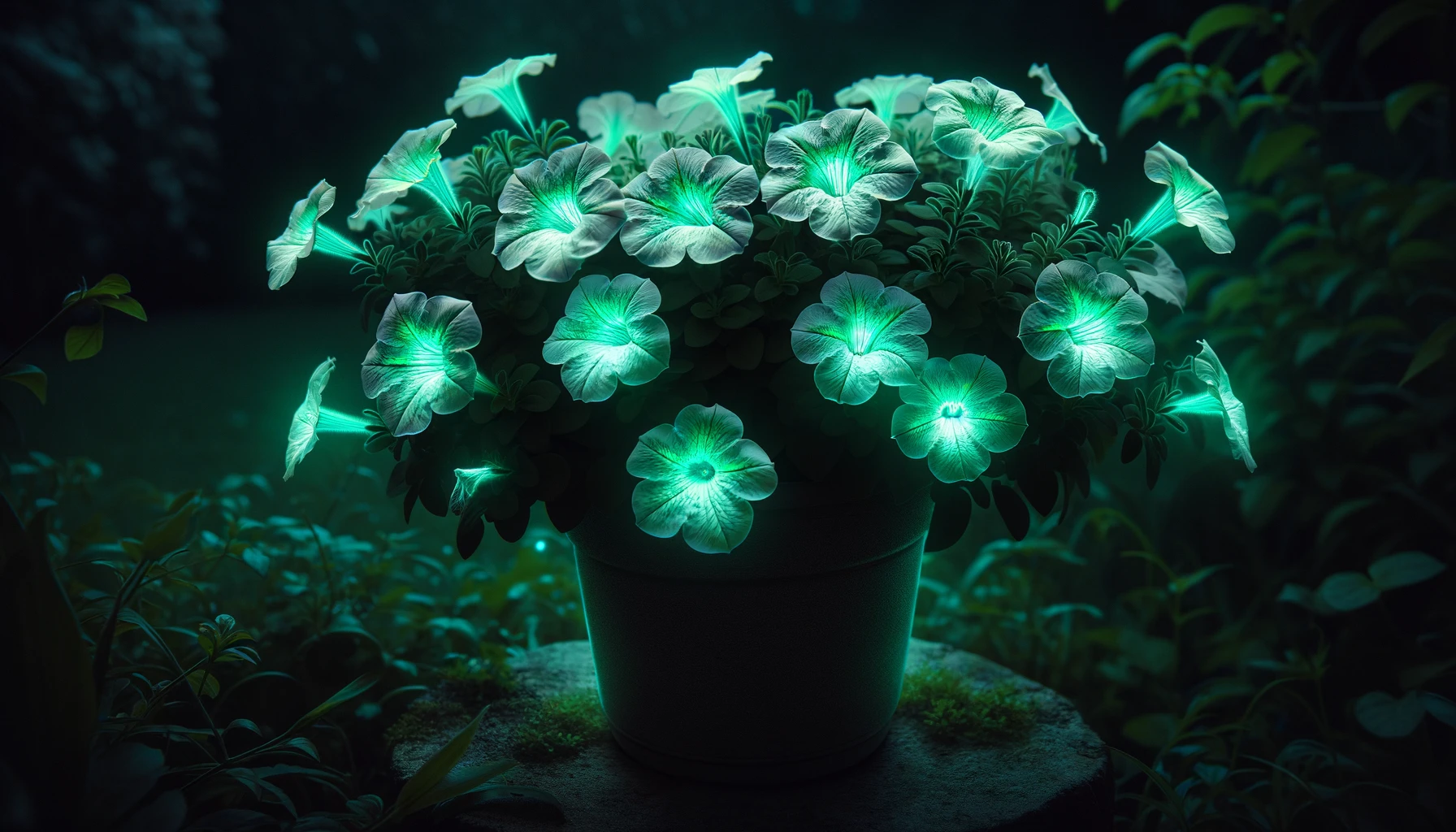 DALL·E 2024 02 17 11.56.35 Create An Image Of A Glowing Petunia Plant. The Flowers Should Emit A Soft Green Light Reminiscent Of Bioluminescence. The Setting Is Night And The .webp