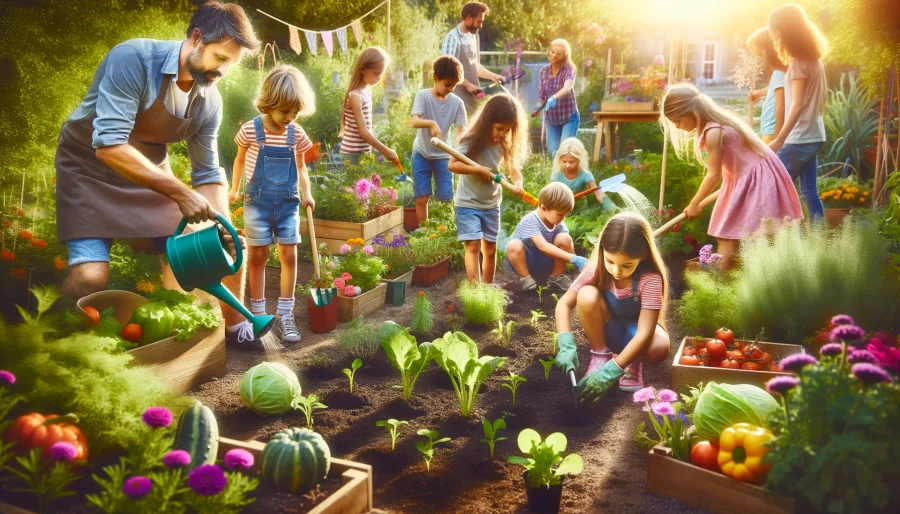 children learning to garden